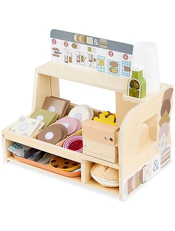 Stand de sándwiches de madera con accesorios, juego de rol infantil cocina restaurante 3+ años