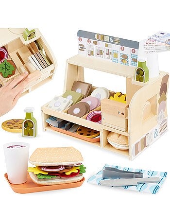 Stand de sándwiches de madera con accesorios, juego de rol infantil cocina restaurante 3+ años