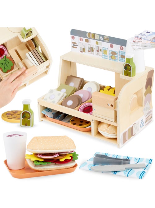 Stand de sándwiches de madera con accesorios, juego de rol infantil cocina restaurante 3+ años - Kiabi Stand de sándwiches de madera con accesorios, juego de rol infantil cocina restaurante 3+ años - Kiabi