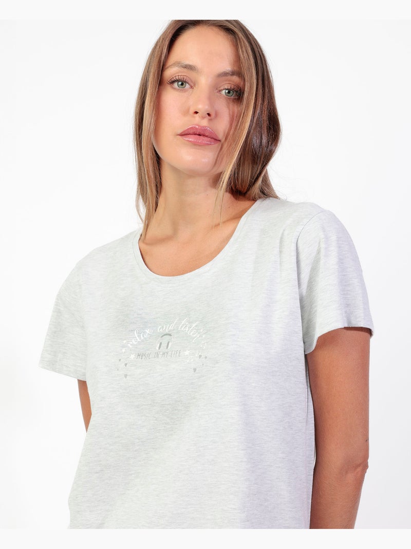 STAY AT HOME Pijama Manga Corta Relax and Listen para Mujer Gris jaspeado - Kiabi