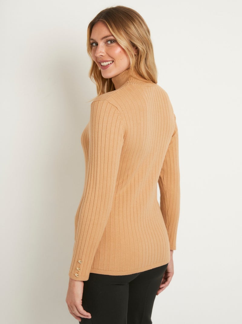 Suave jersey corto de cuello alto con canalé plano - Afibel Camel - Kiabi