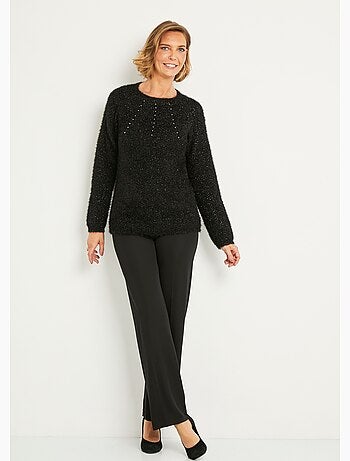 Suave jersey de punto con cuello redondo calado con abalorios - Afibel