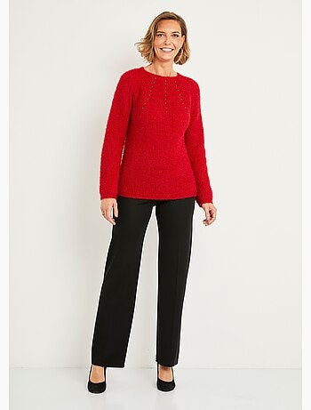 Suave jersey de punto con cuello redondo calado con abalorios - Afibel