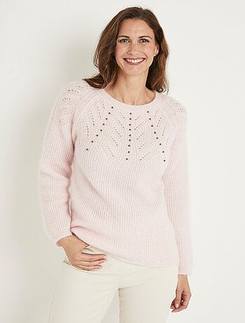 Suave jersey de punto con cuello redondo calado con abalorios - Afibel