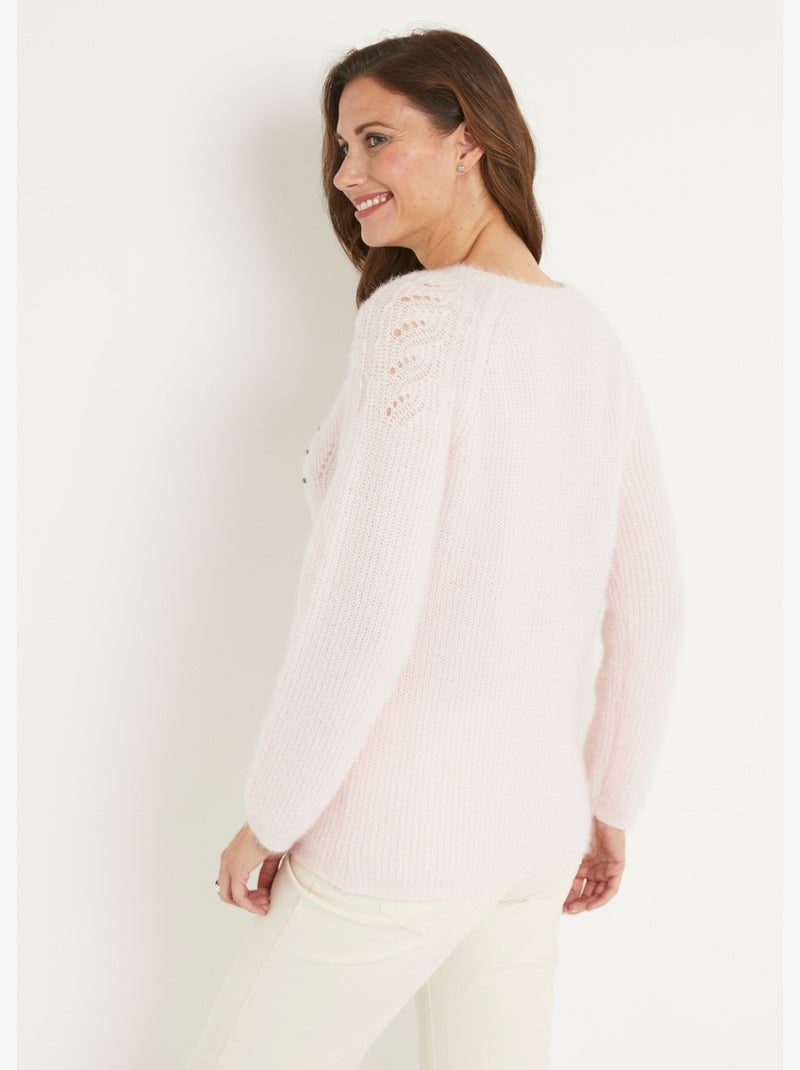 Suave jersey de peluche con cuello redondo calado de cuentas - Afibel Rosa - Kiabi