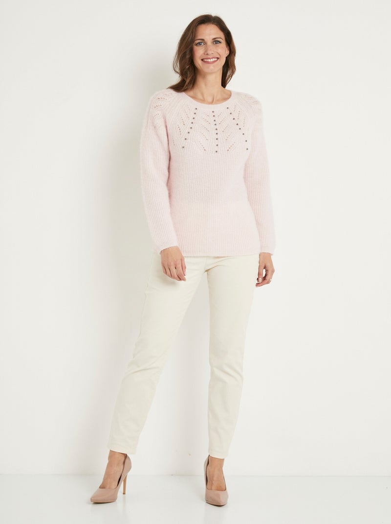 Suave jersey de peluche con cuello redondo calado de cuentas - Afibel Rosa - Kiabi