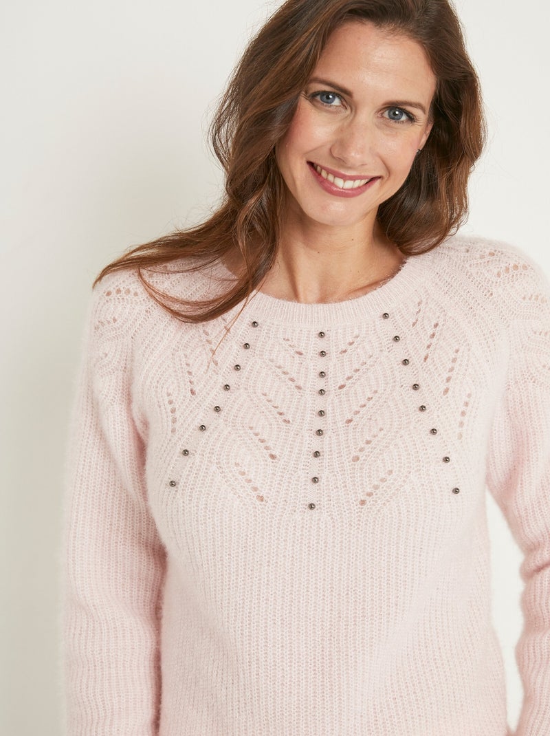 Suave jersey de peluche con cuello redondo calado de cuentas - Afibel Rosa - Kiabi