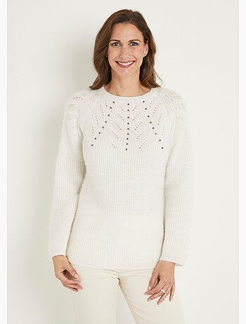 Suave jersey de punto con cuello redondo calado con abalorios - Afibel