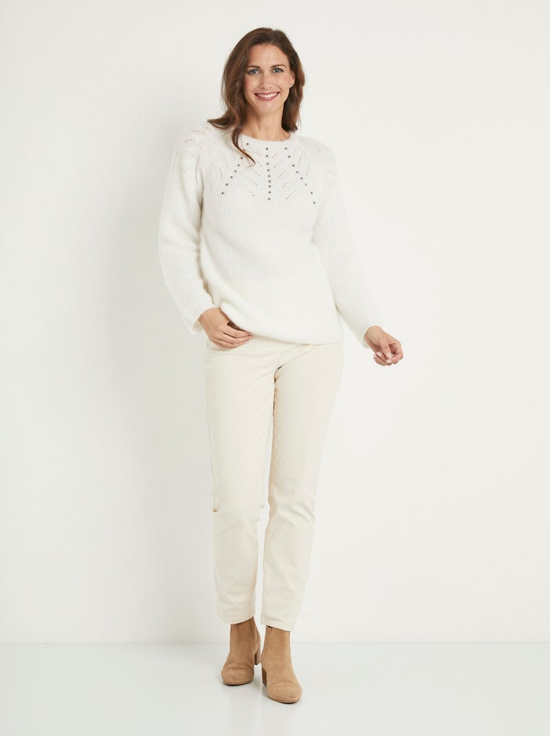 Suave jersey de punto con cuello redondo calado con abalorios - Afibel Crudo - Kiabi