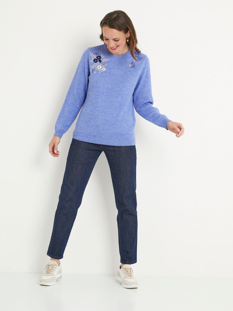Suave jersey liso bordado de cuello redondo y manga larga - Afibel Azul - Kiabi