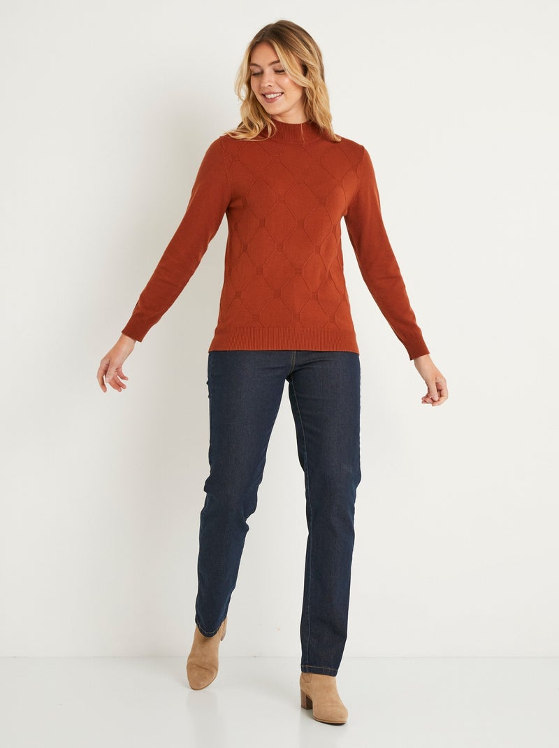 Suave jersey liso con cuello alto en mezcla de modal - Afibel Marrón avellana - Kiabi