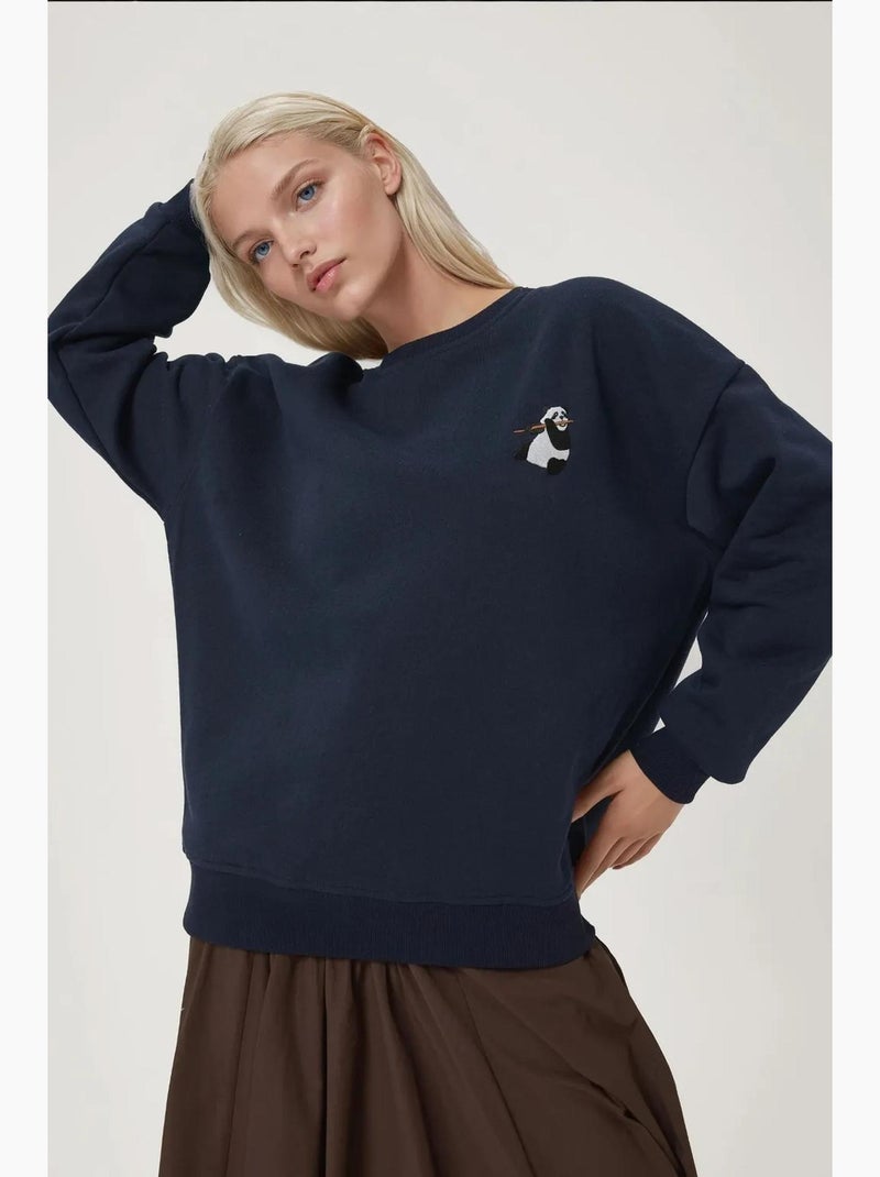 Sudadera cómoda de cuello redondo bordada con estampado animal hiccup Azul oscuro - Kiabi