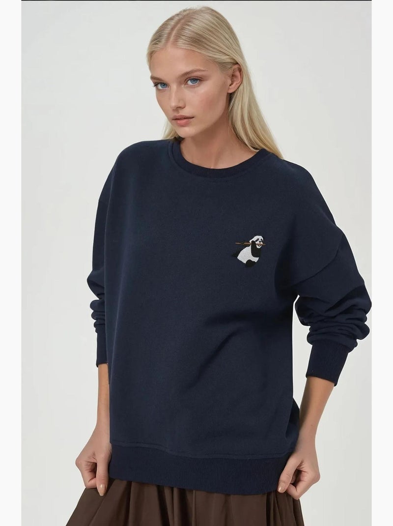 Sudadera cómoda de cuello redondo bordada con estampado animal hiccup Azul oscuro - Kiabi