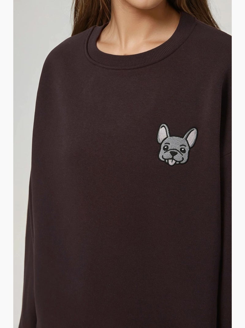 Sudadera cómoda de cuello redondo bordada con estampado animal hiccup Marrón oscuro - Kiabi