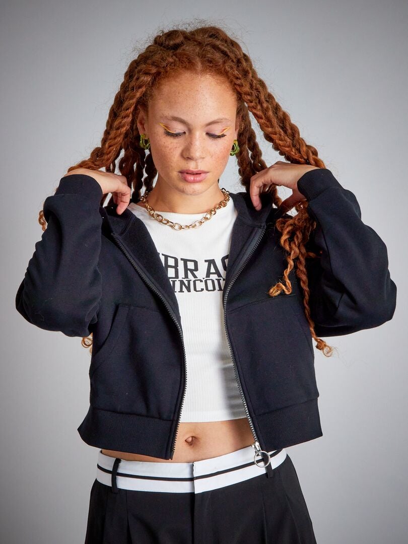 Sudadera Crop Top Con Capucha Y Rejilla Para Mujer - Manga Larga, Tejido Suave, Color Negro, Talla M