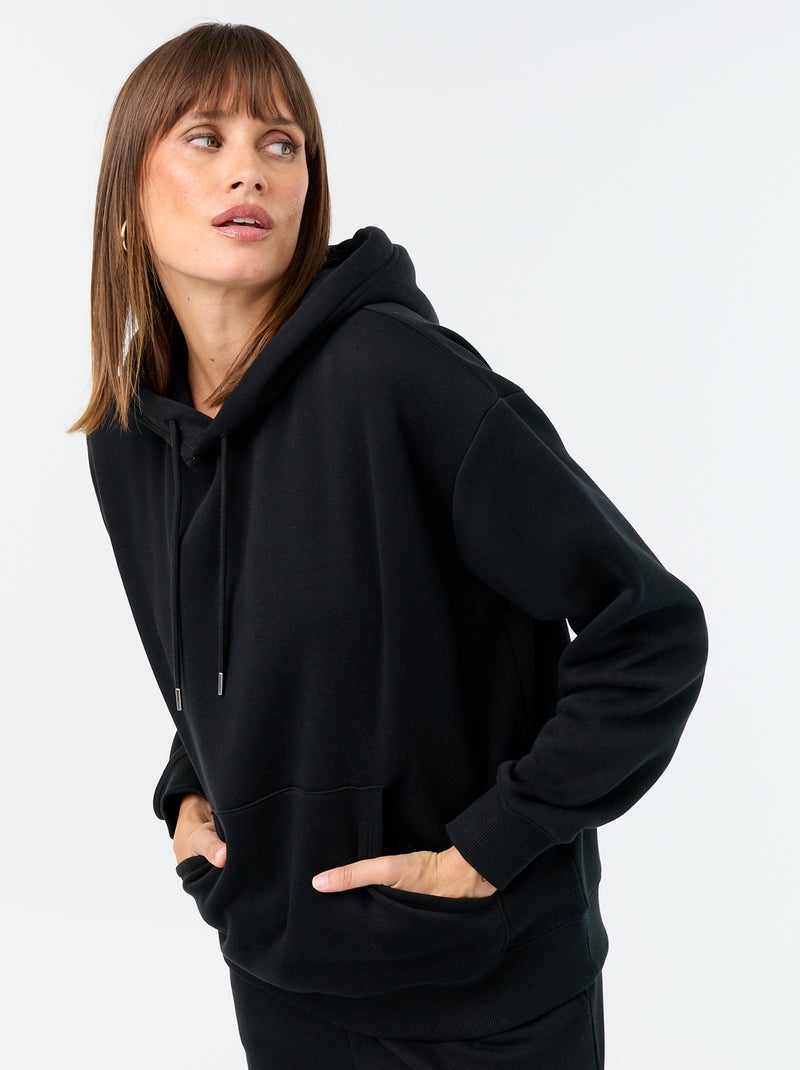 Sudadera con capucha lisa y bolsillo canguro Negro - Kiabi