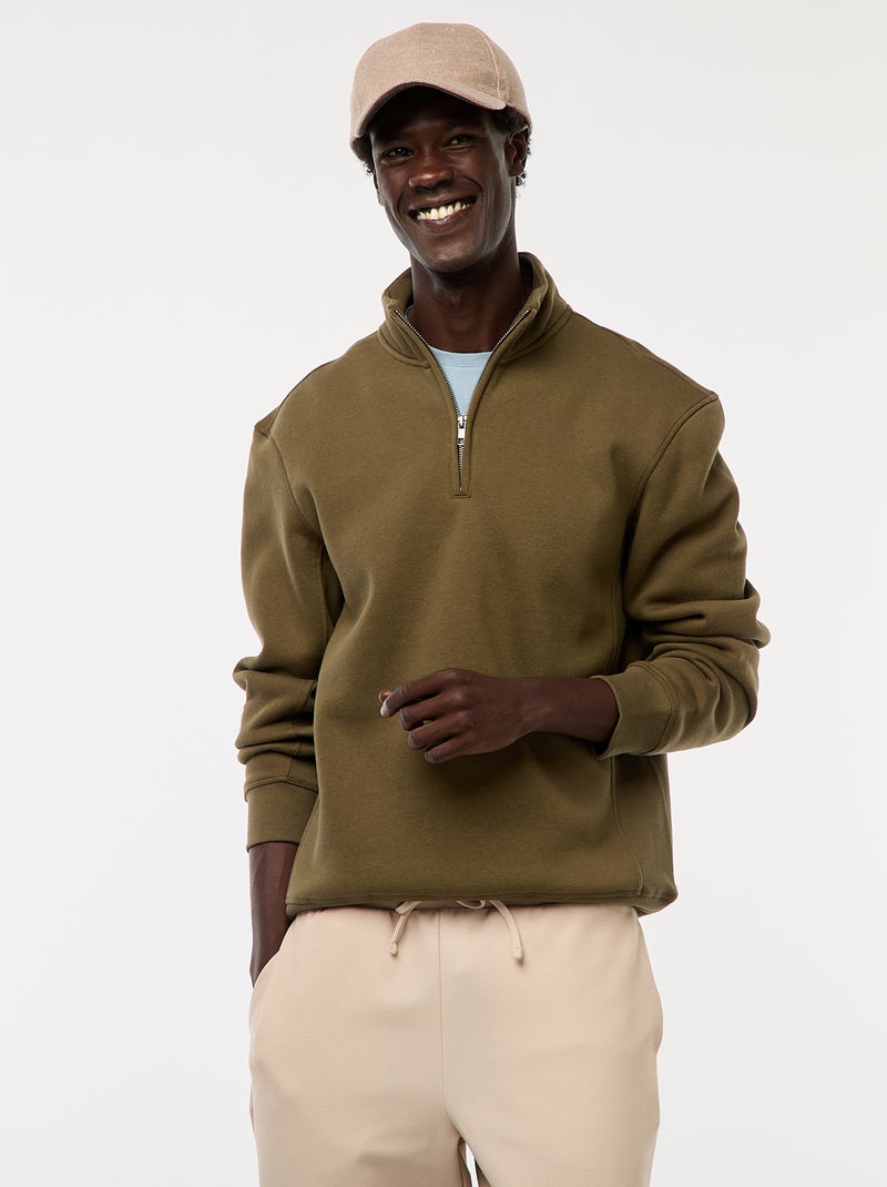 Sudadera con cremallera en el cuello alto Kaki - Kiabi