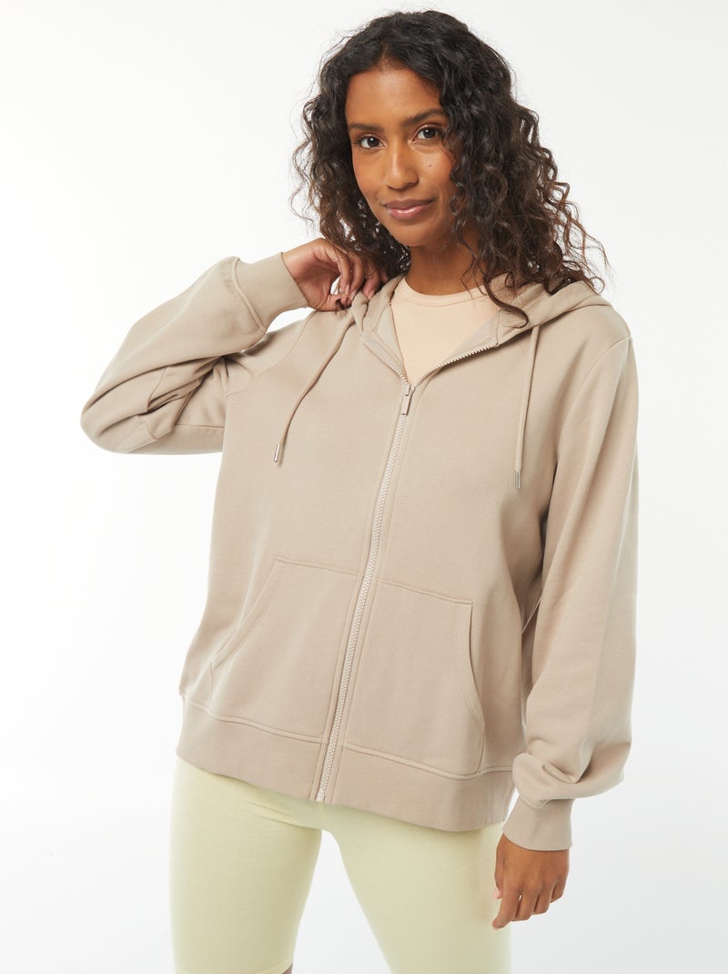 Sudadera con cremallera y capucha básica beige - Kiabi