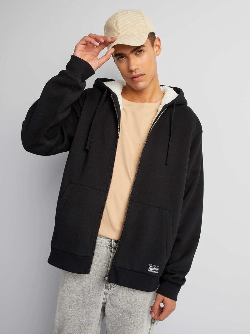Sudadera con cremallera y capucha de borreguito NEGRO - Kiabi
