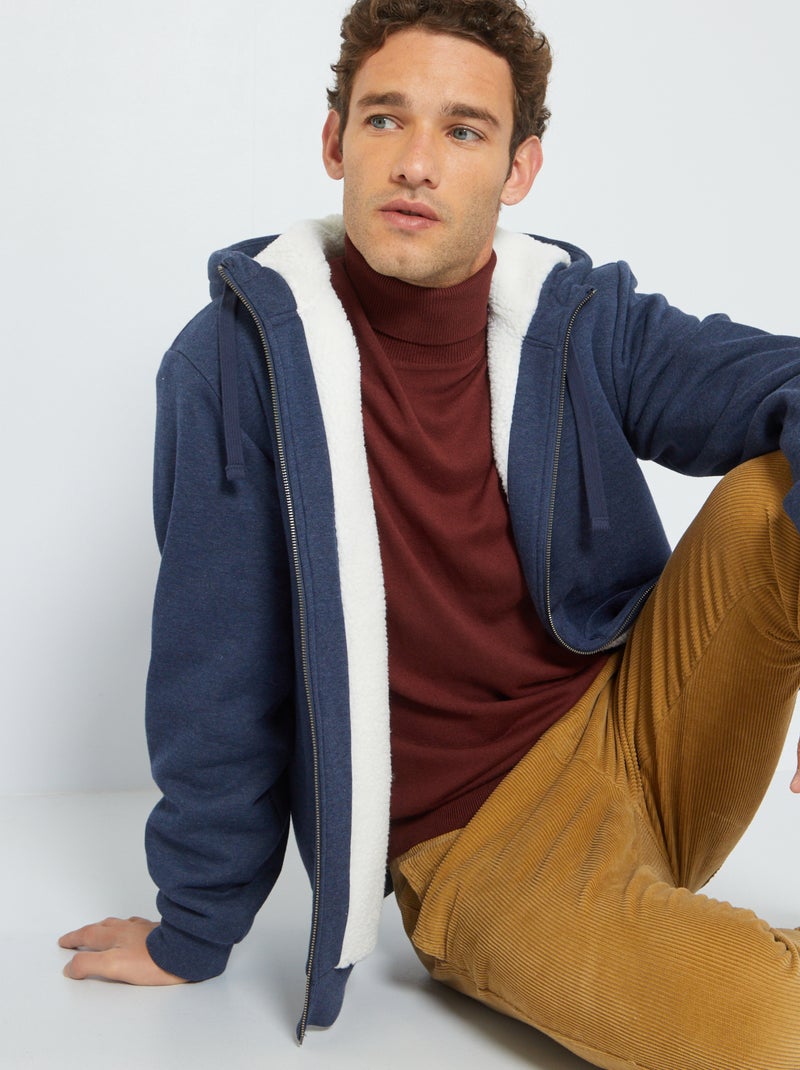 Sudadera con cremallera y capucha interior borreguito AZUL - Kiabi