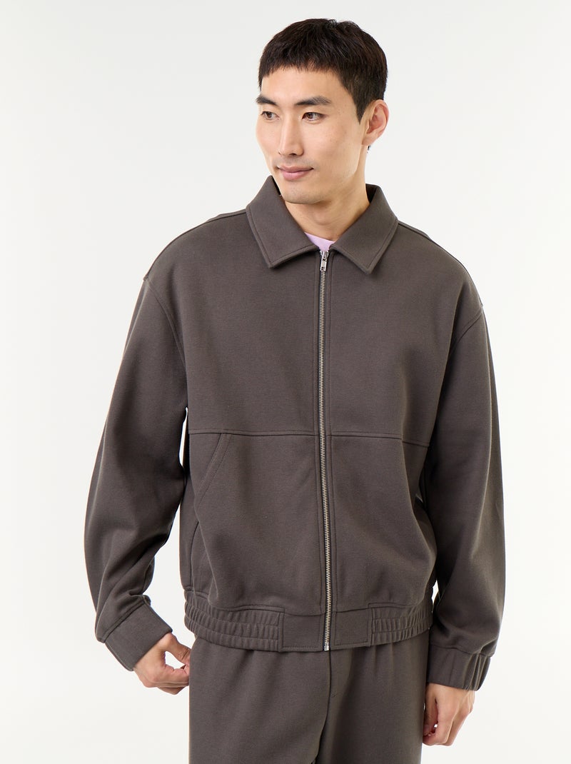 Sudadera con cremallera y cuello de camisa Kaki - Kiabi