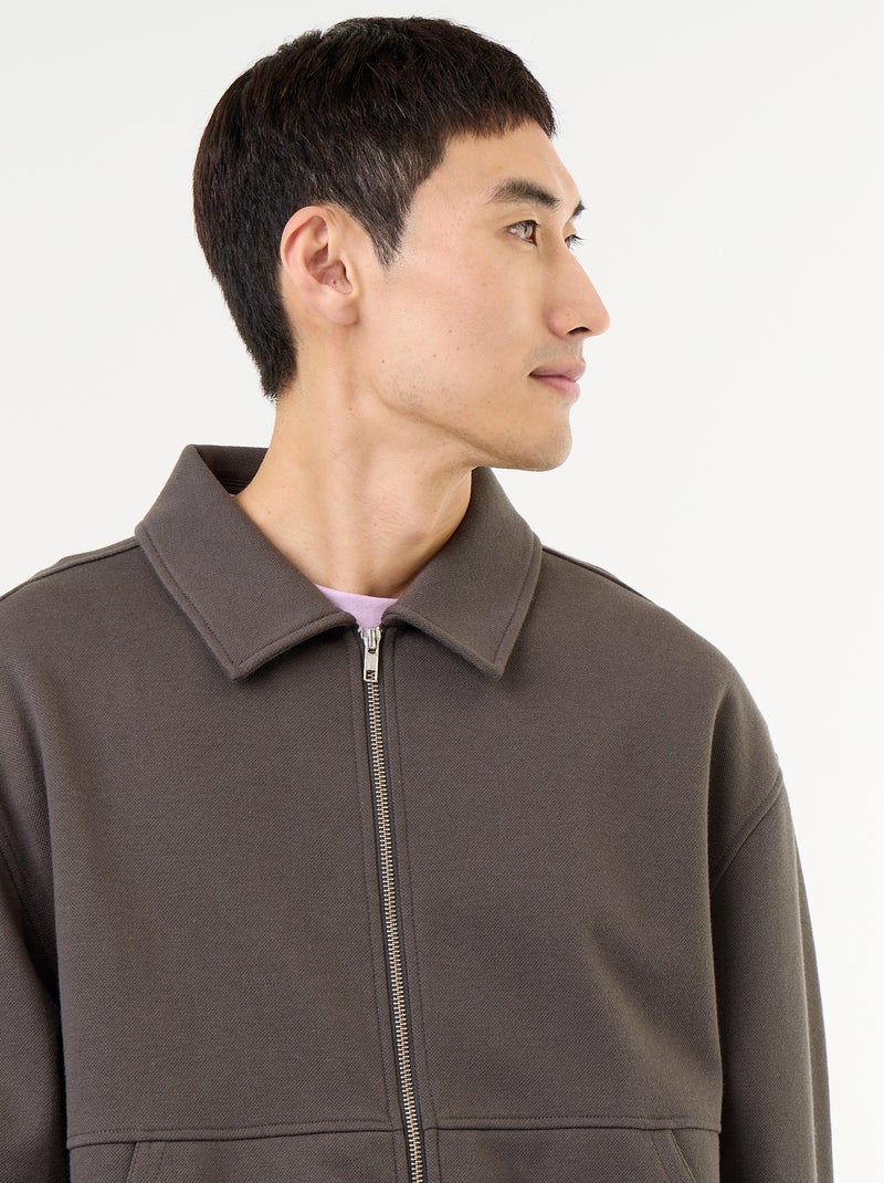 Sudadera con cremallera y cuello de camisa Kaki - Kiabi