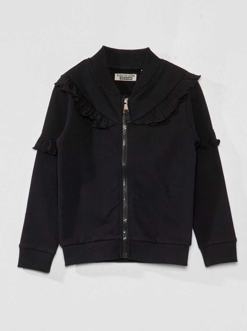 Sudadera con cremallera y volante NEGRO - Kiabi