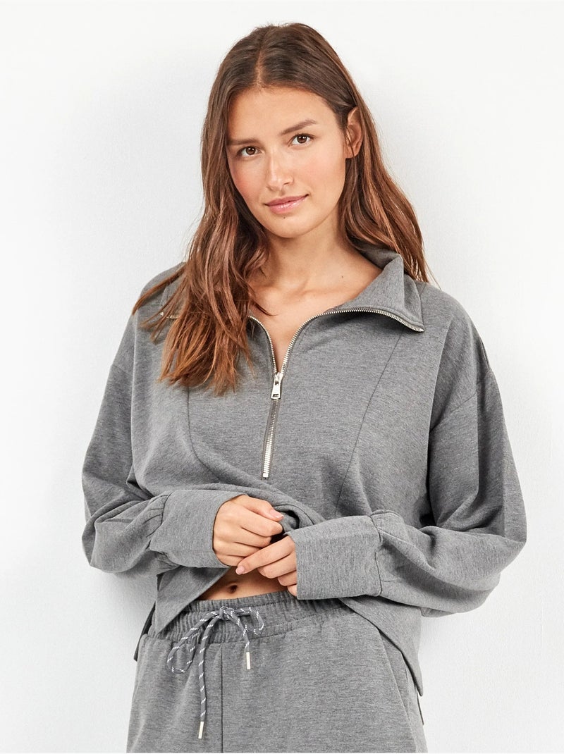 Sudadera con cuello alto y cremallera delantera, en tejido de felpa Gris jaspeado - Kiabi