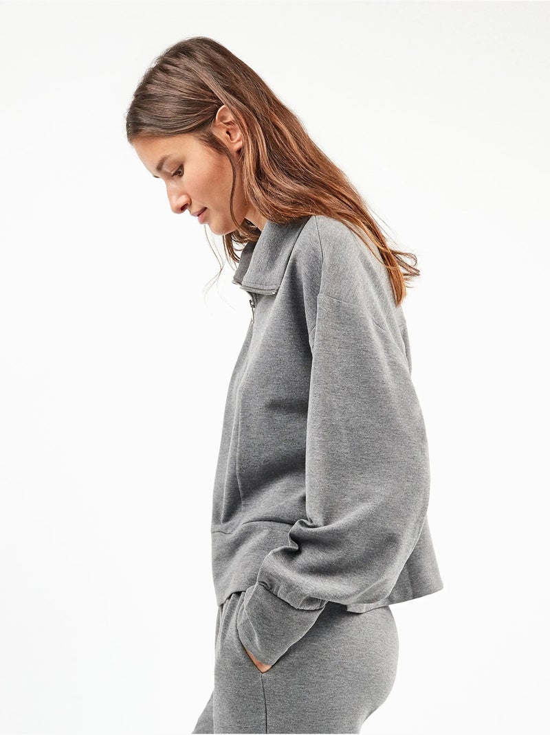 Sudadera con cuello alto y cremallera delantera, en tejido de felpa Gris jaspeado - Kiabi
