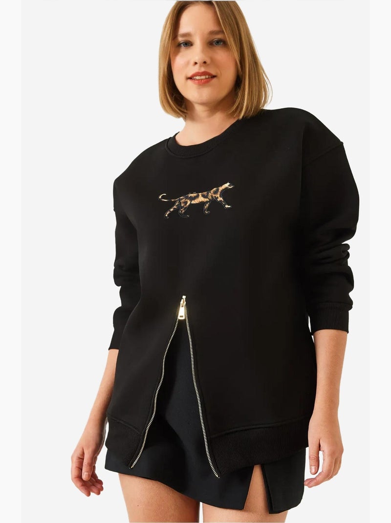 Sudadera con estampado de leopardo y cremallera frontal cepillada de triple hilo lucci Negro - Kiabi