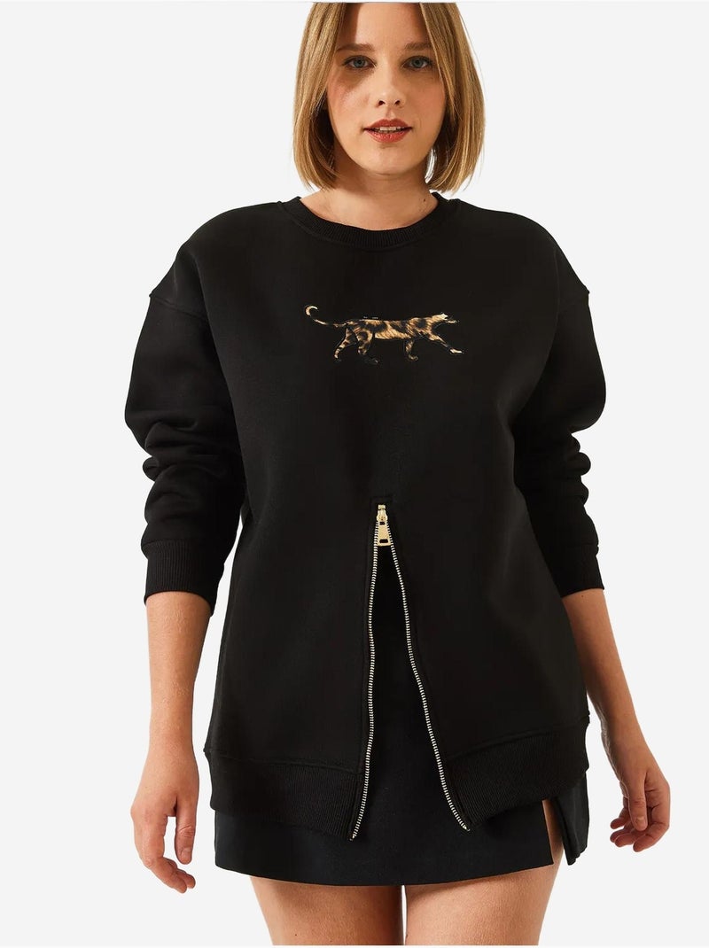 Sudadera con estampado de leopardo y cremallera frontal cepillada de triple hilo lucci Negro - Kiabi