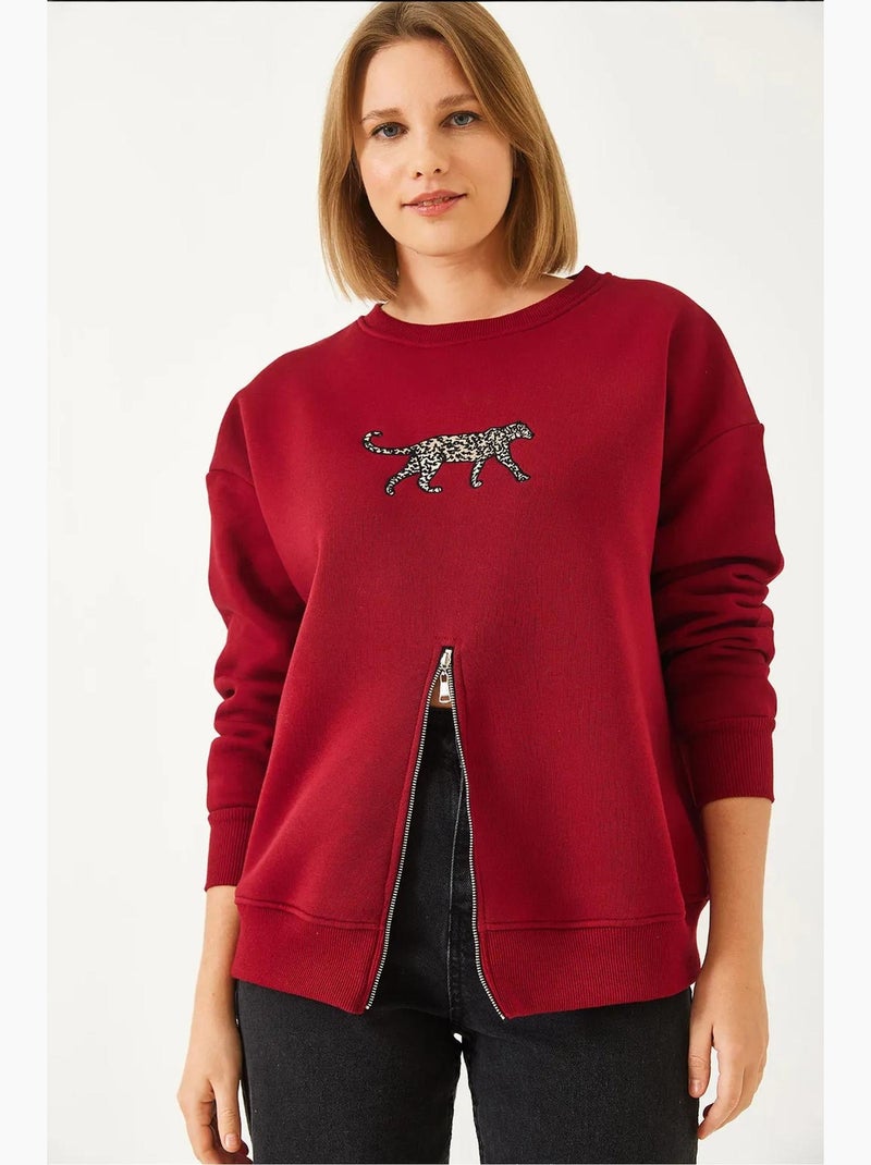 Sudadera con estampado de leopardo y cremallera frontal cepillada de triple hilo lucci Rojo burdeos - Kiabi