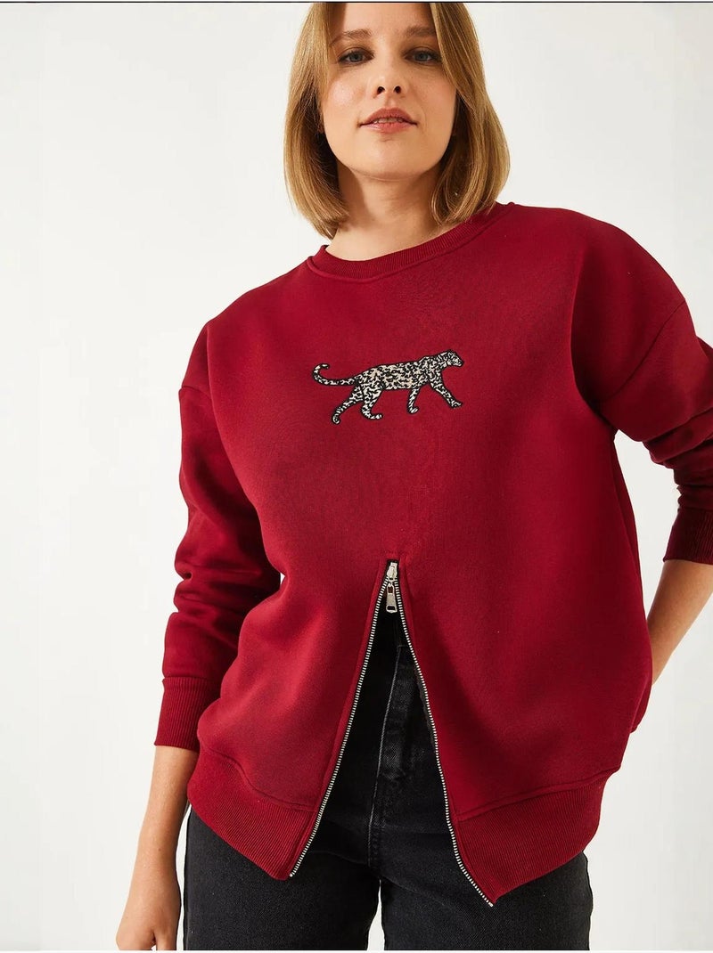 Sudadera con estampado de leopardo y cremallera frontal cepillada de triple hilo lucci Rojo burdeos - Kiabi