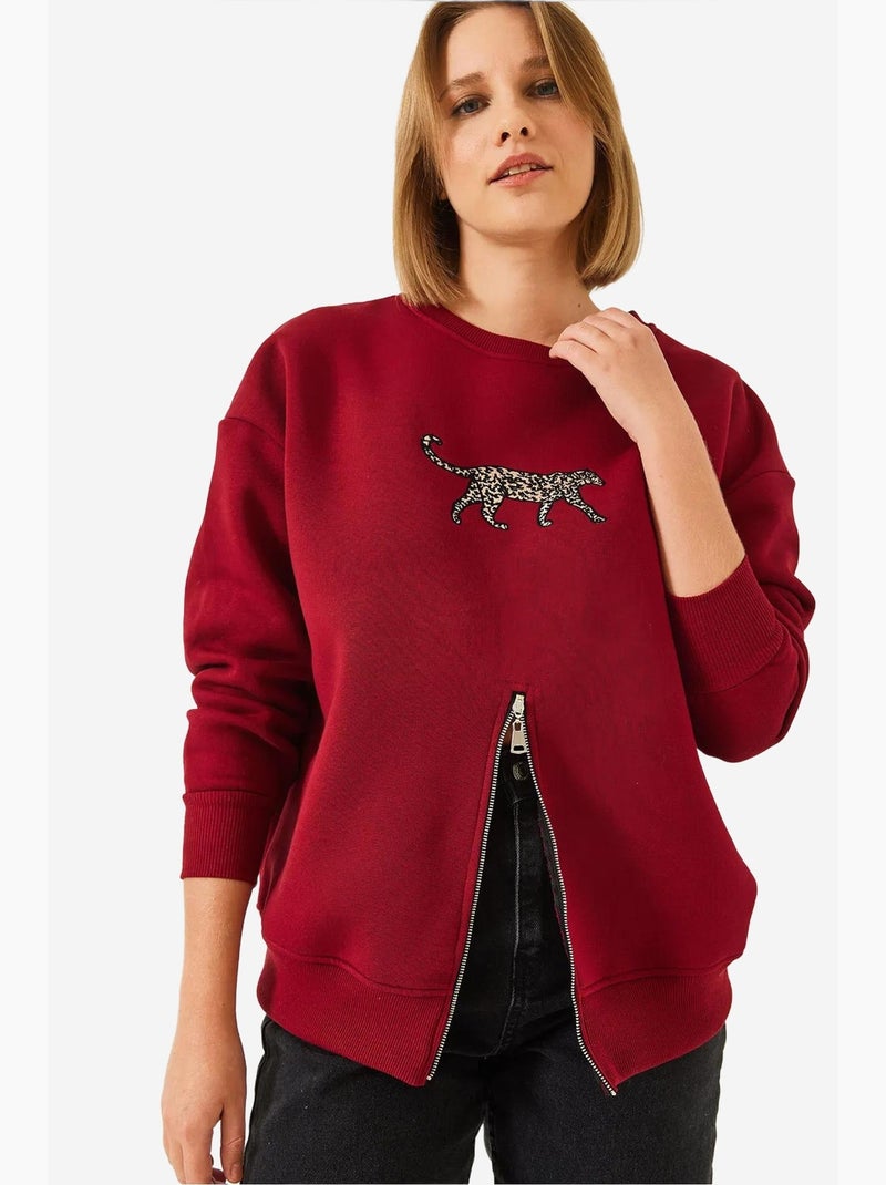 Sudadera con estampado de leopardo y cremallera frontal cepillada de triple hilo lucci Rojo burdeos - Kiabi