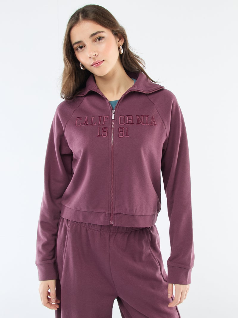 Sudadera corta con cremallera y mensaje bordado Purpura - Kiabi