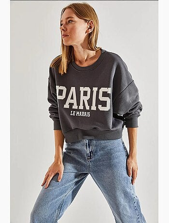 Sudadera corta de algodón con cuello redondo y estampado de texto frontal lucci