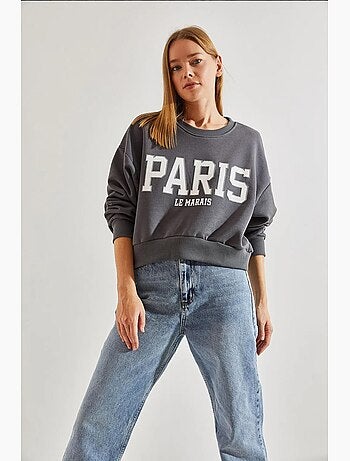 Sudadera corta de algodón con cuello redondo y estampado de texto frontal lucci