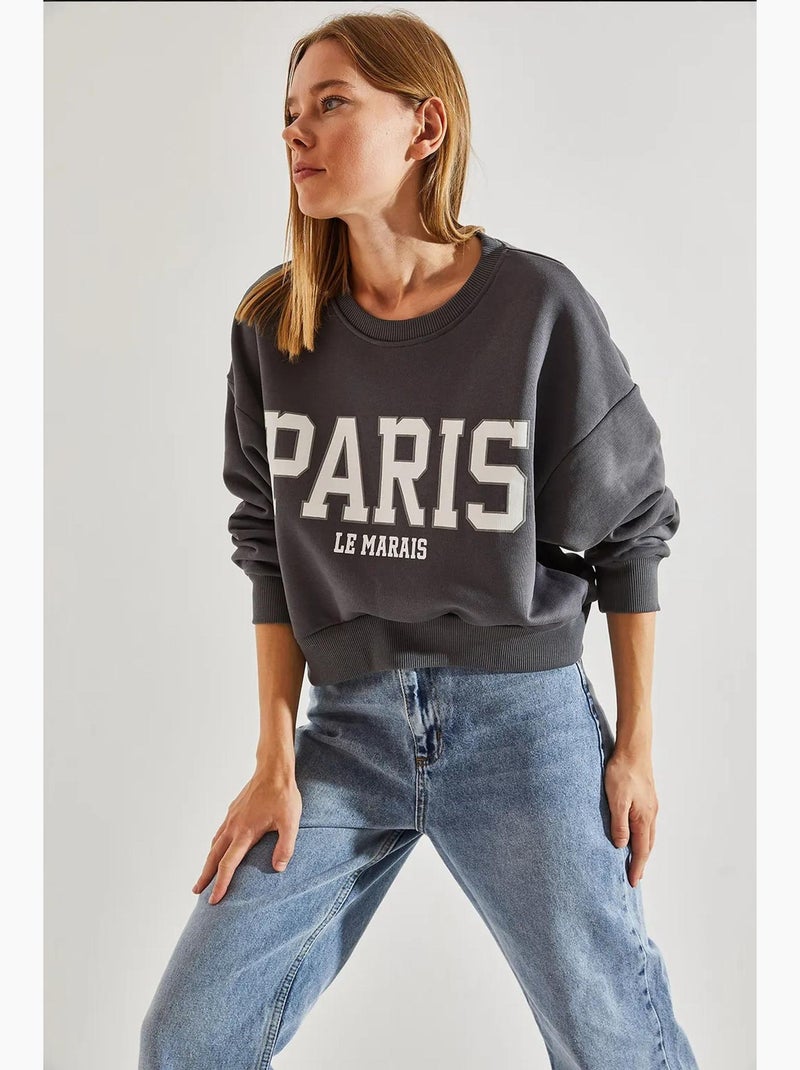 Sudadera corta de algodón con cuello redondo y estampado de texto frontal lucci Gris - Kiabi