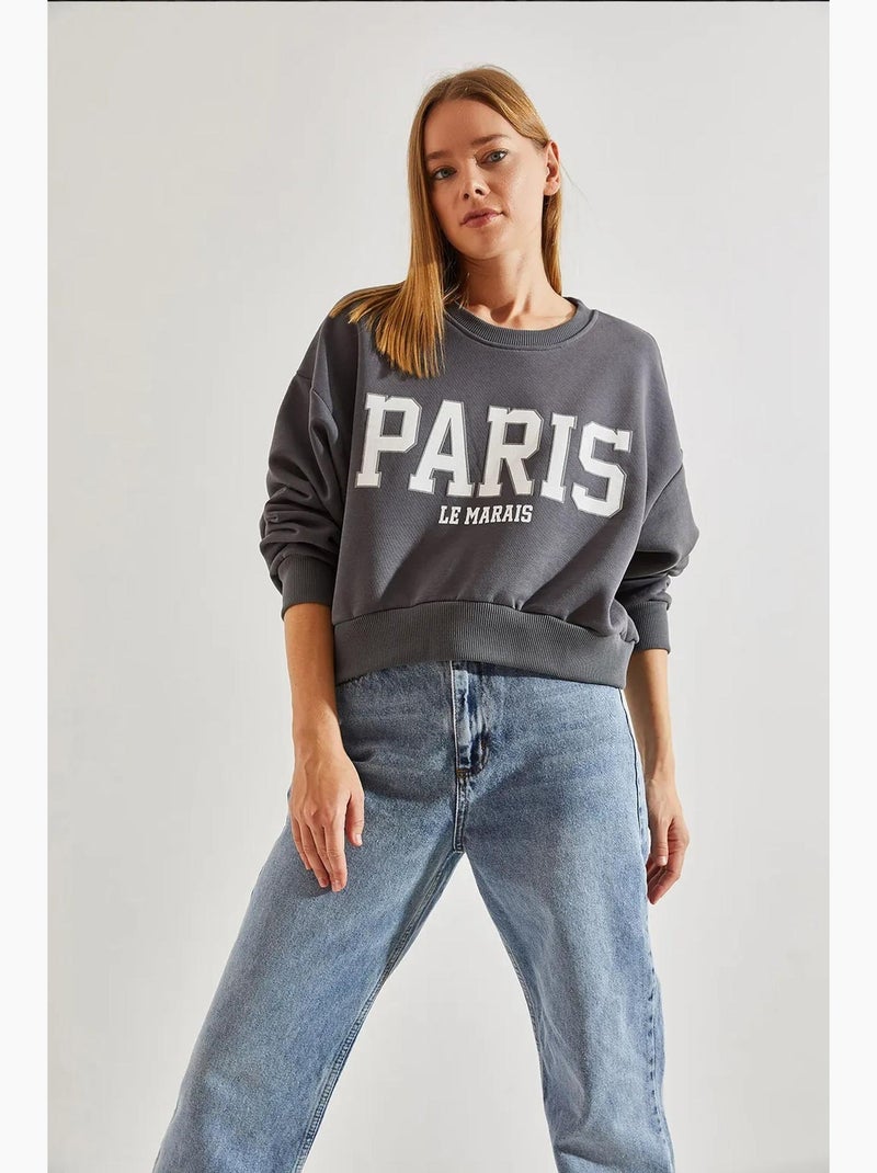 Sudadera corta de algodón con cuello redondo y estampado de texto frontal lucci Gris - Kiabi