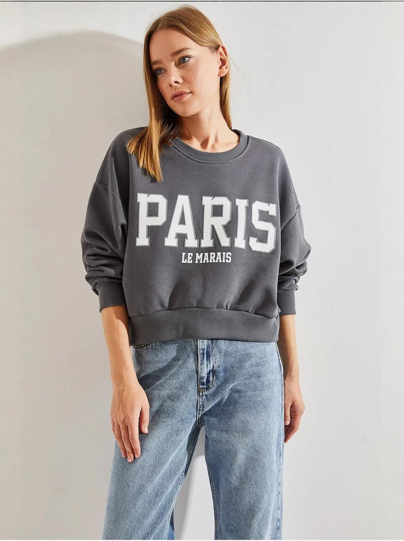 Sudadera corta de algodón con cuello redondo y estampado de texto frontal lucci Gris - Kiabi
