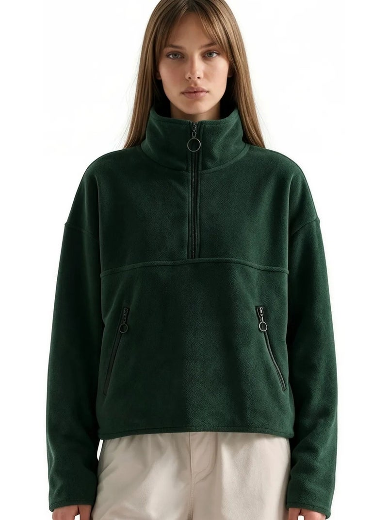 Sudadera corta para mujer con media cremallera busem Verde oscuro - Kiabi