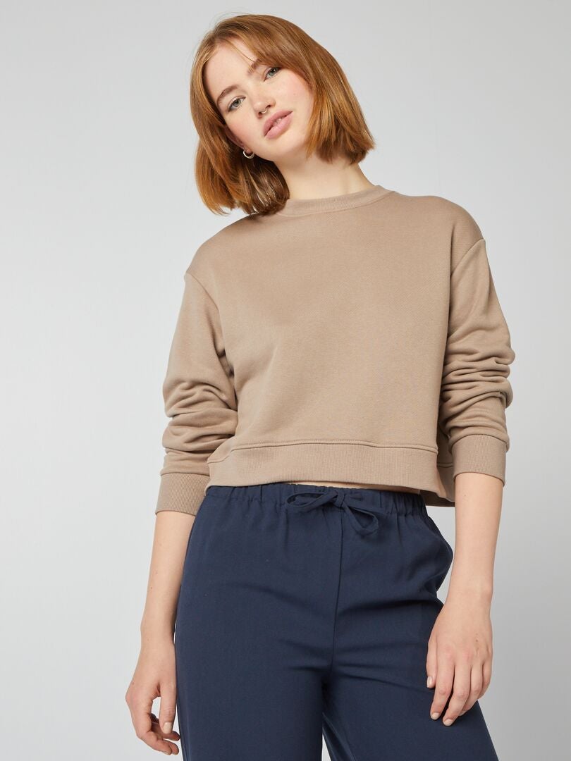 Sudadera cropped con cuello redondo BEIGE - Kiabi