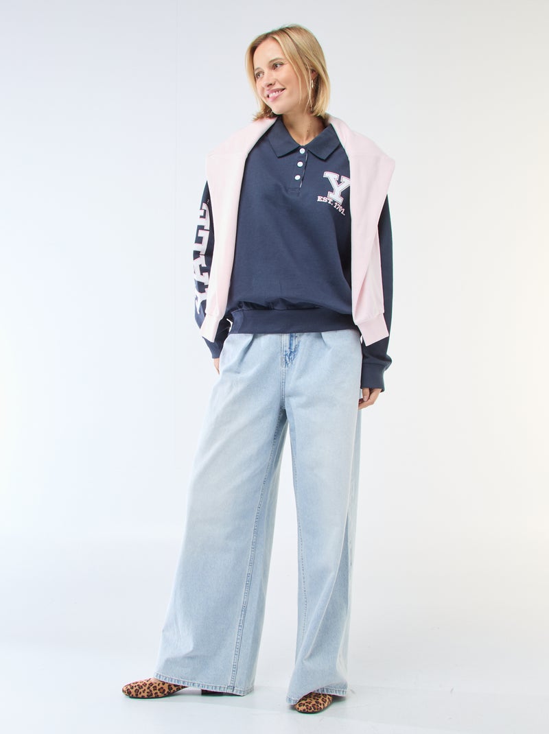 Sudadera cuello polo de manga larga con estampado Azul - Kiabi