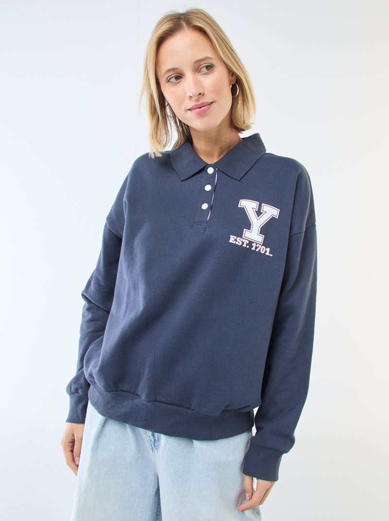 Sudadera cuello polo de manga larga con estampado Azul - Kiabi