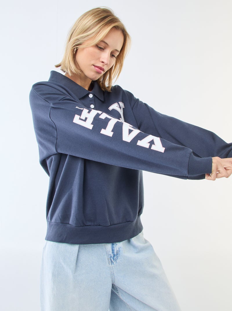Sudadera cuello polo de manga larga con estampado Azul - Kiabi