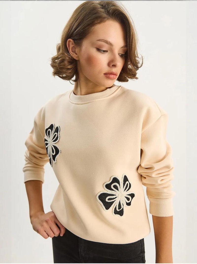 Sudadera de algodón con cuello redondo bordada lucci Beige arcilla - Kiabi