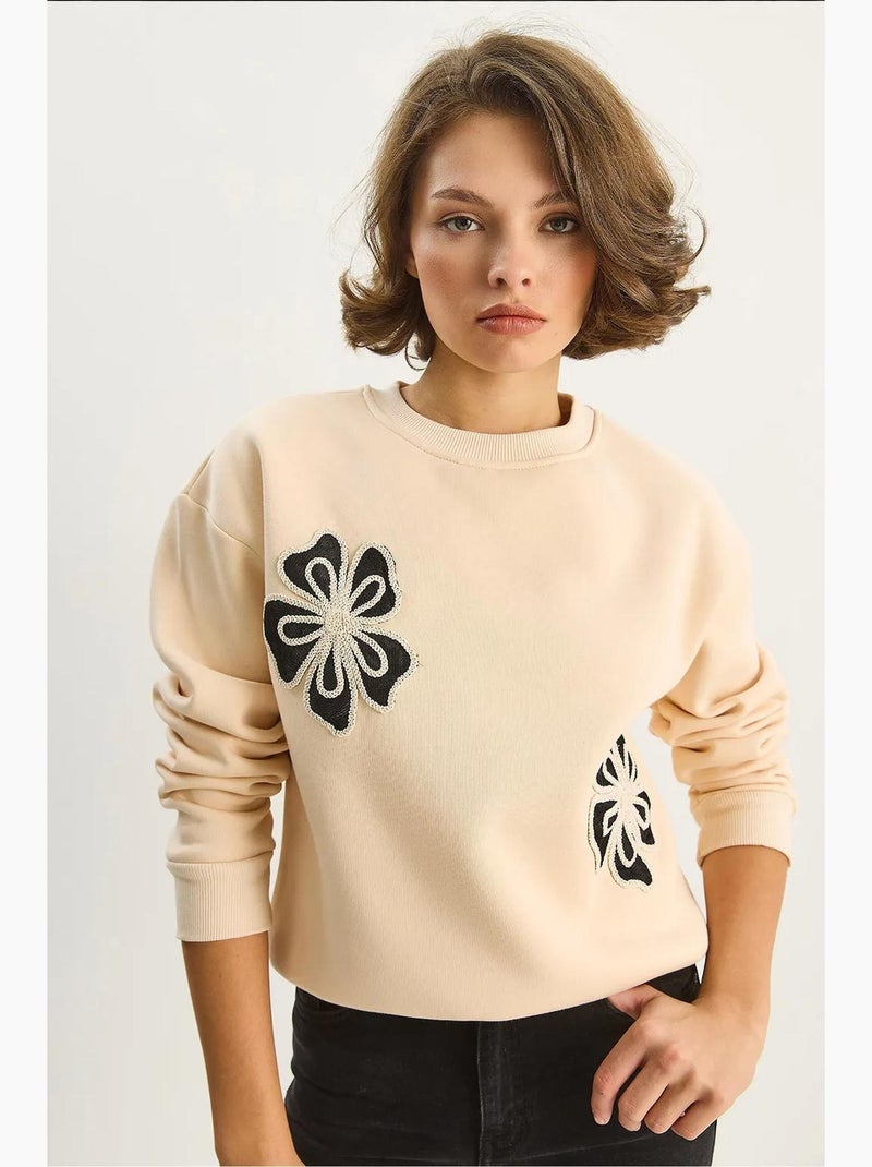 Sudadera de algodón con cuello redondo bordada lucci Beige arcilla - Kiabi