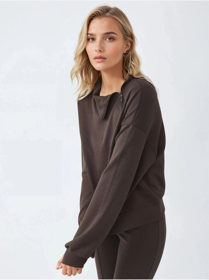 Sudadera de corte relajado con cuello y cremallera busem Marrón oscuro - Kiabi