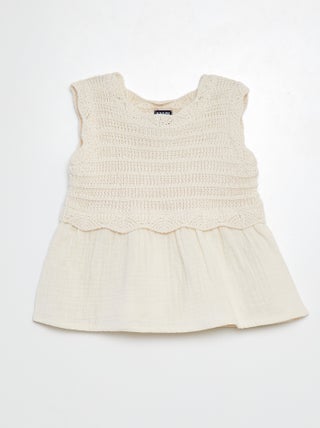 Sudadera de croché sin mangas con bajo de gasa de algodón