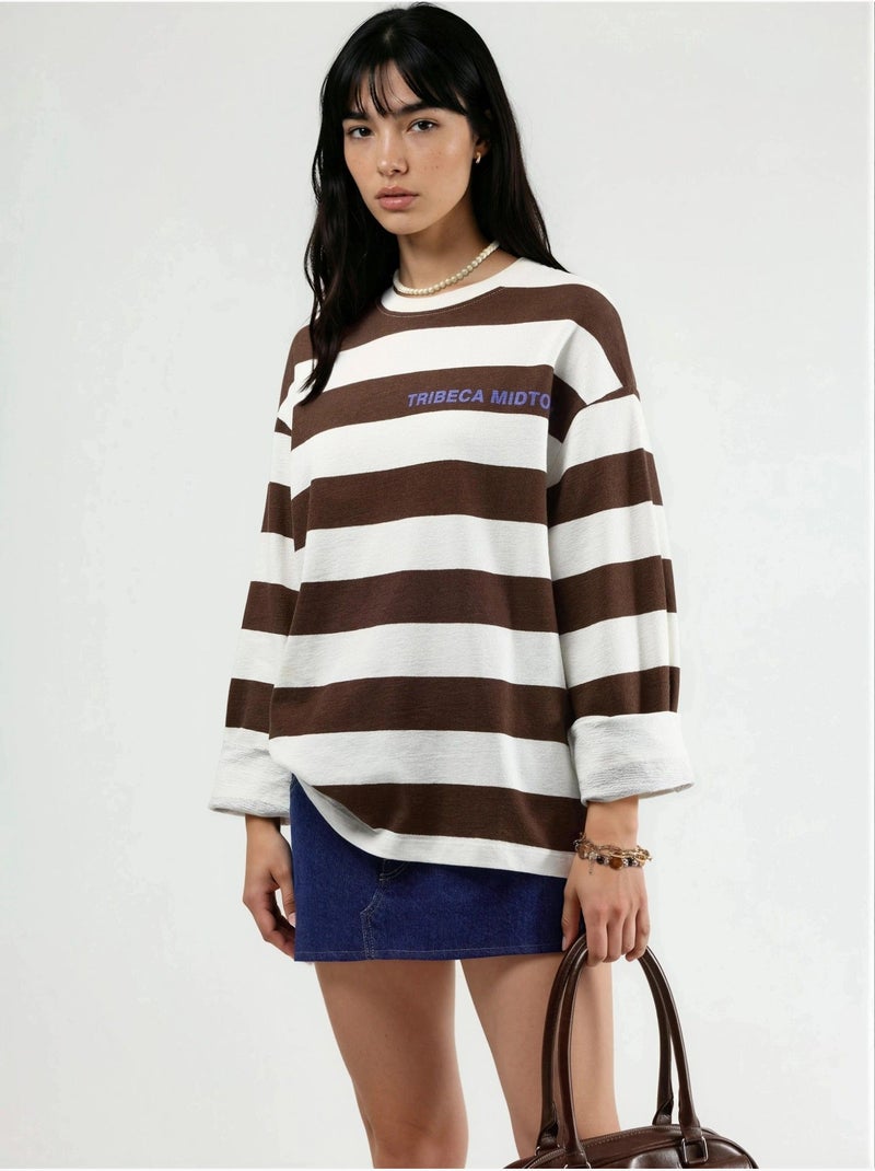 Sudadera de cuello redondo a rayas extragrande de busem Marrón claro - Kiabi